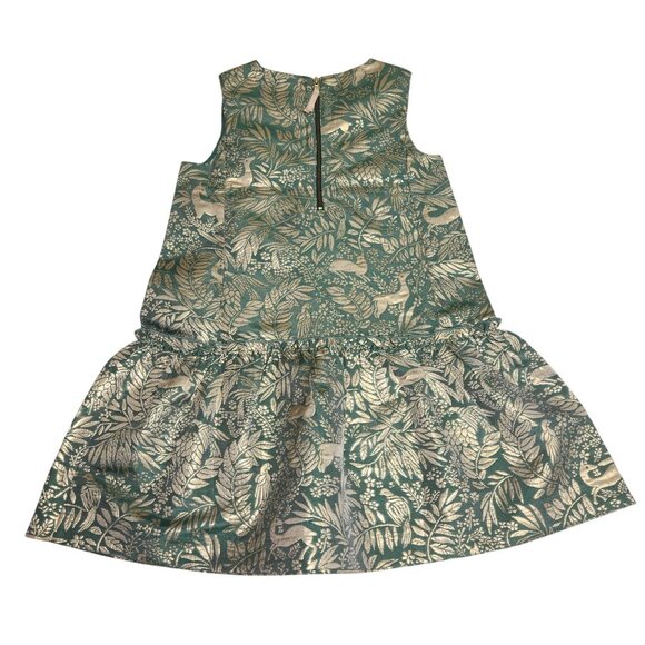 Crewcuts Girls 6 Metallic Leaf Print Drop-Waist Dress Green & Gold  3727 - Picture 2 of 8